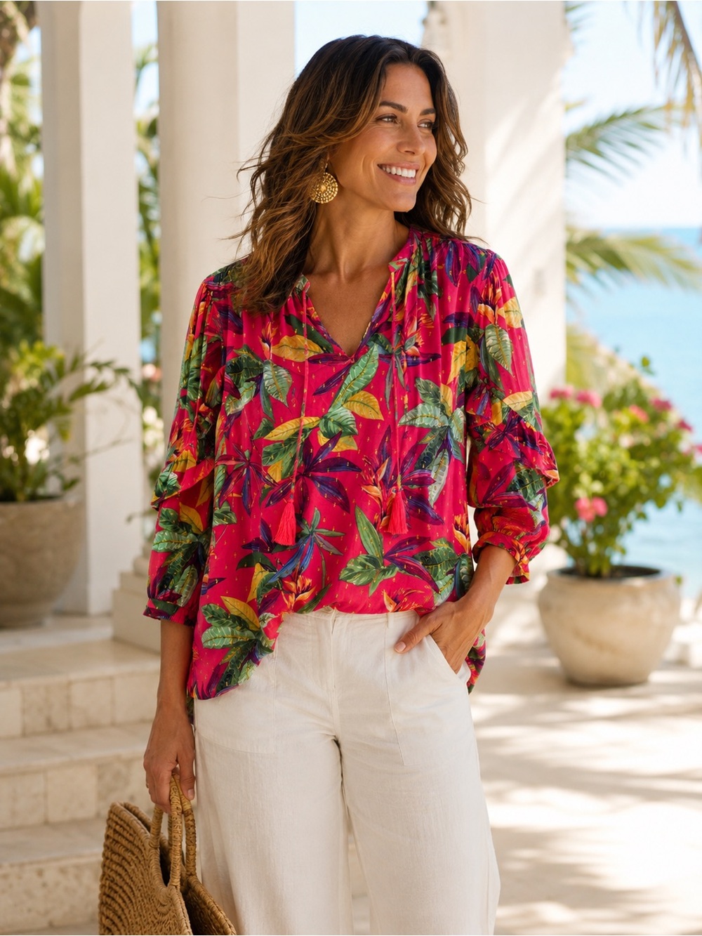 Chico’s Size 2 (US 12) Tropical Floral Tassel Blouse Pink Gold Metallic Rayon